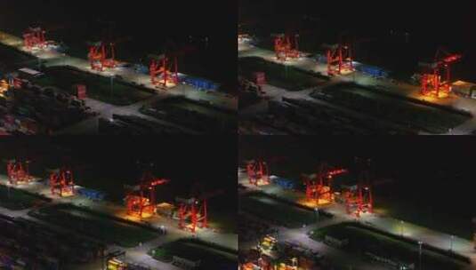 航拍长江龙潭港集装箱货运车辆货轮塔吊夜景高清在线视频素材下载