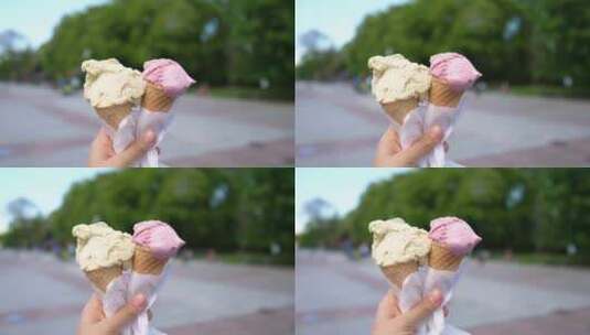 4K-女孩手拿冰淇淋的特写高清在线视频素材下载
