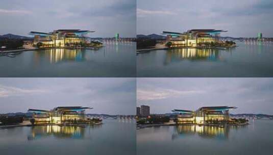 中国江苏无锡大剧院夜景航拍高清在线视频素材下载