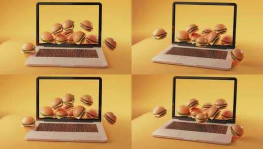 笔记本电脑与美味汉堡的3d动画，芝麻放在高清在线视频素材下载