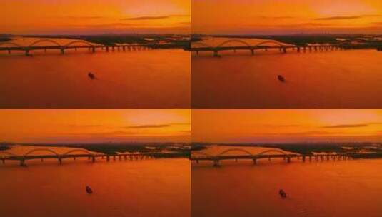 傍晚有高铁经过的松花江铁路桥航拍素材高清在线视频素材下载