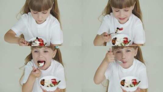 女孩吃在水果酸奶高清在线视频素材下载