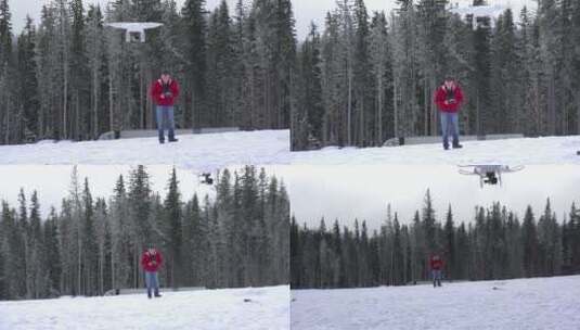 男子在下雪天驾驶无人机高清在线视频素材下载