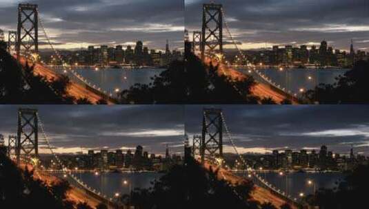旧金山的奥克兰海湾大桥昼转夜的延时拍摄高清在线视频素材下载