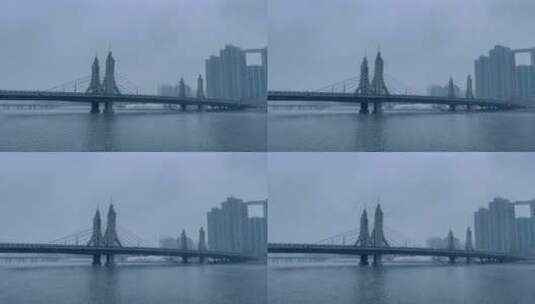 城市桥梁车流下雪河流高清在线视频素材下载