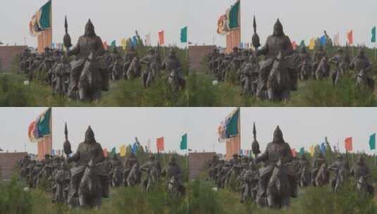 草原上成吉思汗陵战马部队雕塑高清在线视频素材下载
