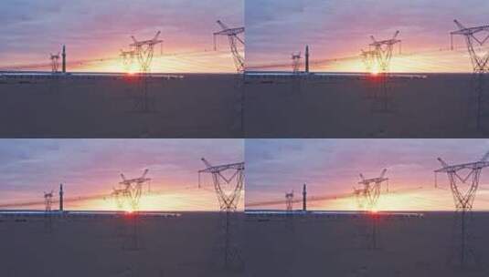 戈壁高压电线塔与日落高清在线视频素材下载