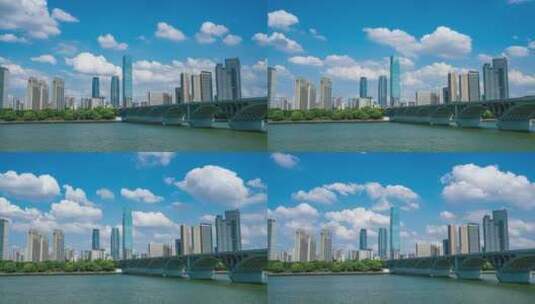 长沙航拍湘江延时摄影蓝天白云高清在线视频素材下载