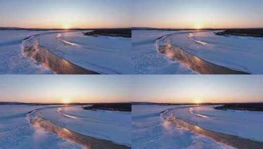 海拉尔河冬天不冻河雾气夕阳雪景高清在线视频素材下载