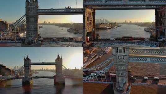 城市航拍伦敦桥城市天际线日出英国地标建筑高清在线视频素材下载