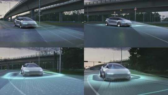 未来概念汽车无人驾驶扫描道路行驶高清在线视频素材下载