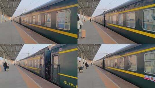 陕西汉中站进站的老式火车绿皮车高清在线视频素材下载