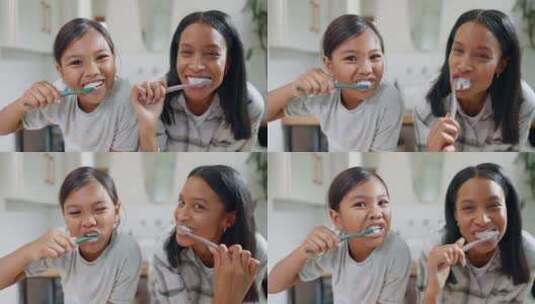 脸，妈妈和女孩在浴室刷牙，以保持牙齿健康高清在线视频素材下载