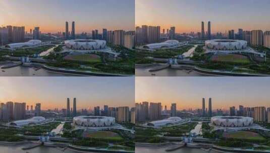杭州奥体中心日出航拍高清在线视频素材下载