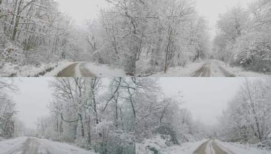 开车穿过白雪皑皑的冬季森林高清在线视频素材下载