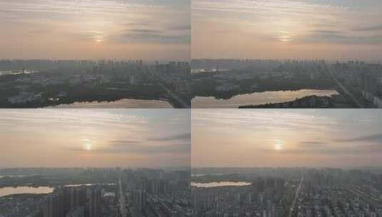 鄂州日出航拍城市日出景观城市清晨朝阳晨曦高清在线视频素材下载