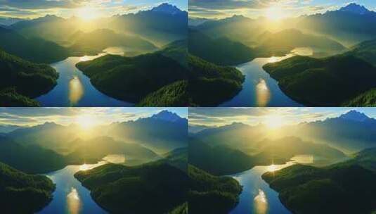 航拍早上日出原始森林湖泊自然风景绿水青山高清在线视频素材下载