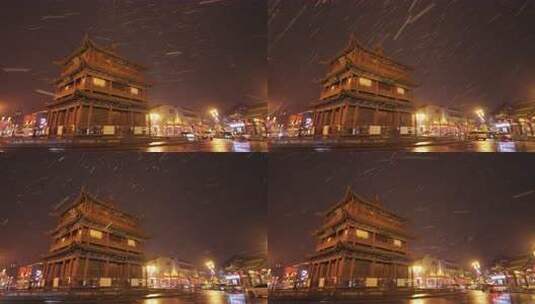 山西大同古城鼓楼夜景飘雪下雨雪景高清在线视频素材下载