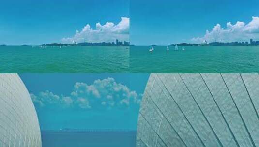 水上帆船与城市天际线同框的美丽画面高清在线视频素材下载