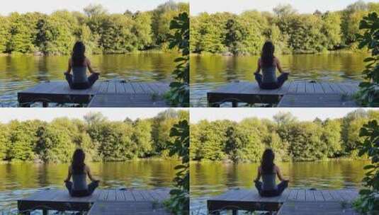 坐在码头上的女人练习瑜伽高清在线视频素材下载