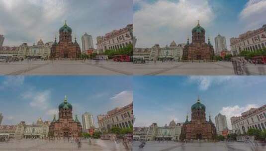 哈尔滨圣索菲亚大教堂大范围延时摄影高清在线视频素材下载