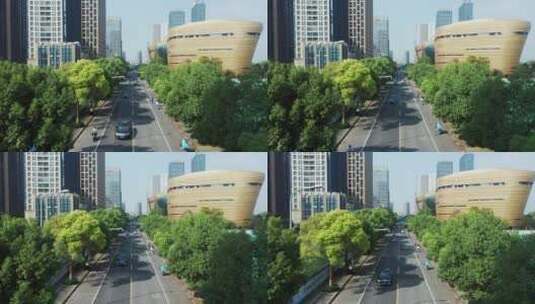 航拍杭州滨江科技馆街两边现代办公大楼高清在线视频素材下载