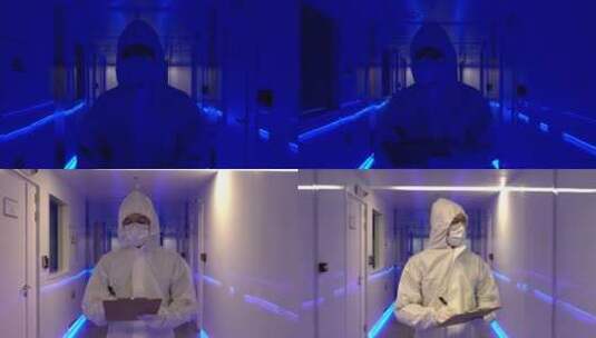 穿防护服的科研人员走在机房里高清在线视频素材下载