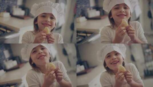 小女孩开心的在厨房吃甜点高清在线视频素材下载