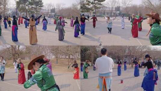 老年舞蹈团在公园排练藏族舞蹈高清在线视频素材下载