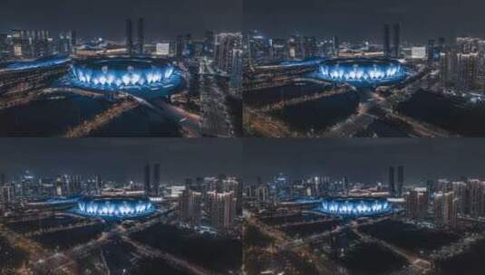 浙江杭州奥体中心夜景航拍延时高清在线视频素材下载