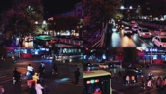 小城夜晚街道上的行人车流高清在线视频素材下载