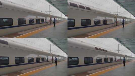 吉林省敦化站站台进站的高铁动车组列车高清在线视频素材下载