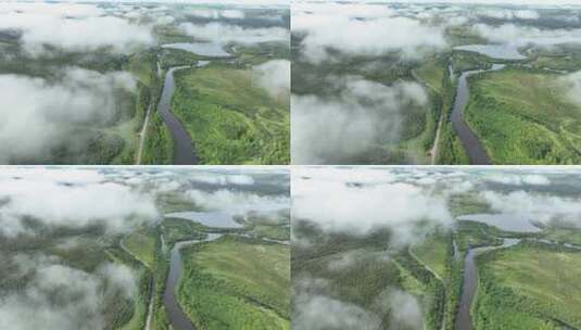 航拍湿地河流云雾风光高清在线视频素材下载