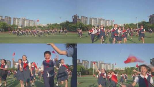「版权素材」小学生挥舞红旗奔跑高清在线视频素材下载