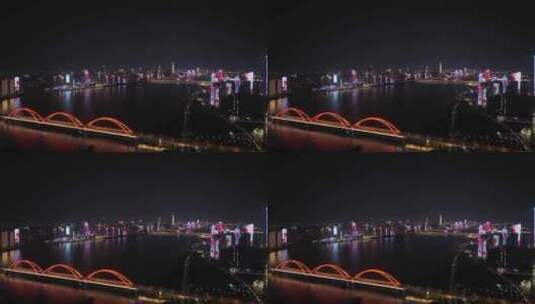长沙湘江夜景航拍福元路大桥夜景建筑风光高清在线视频素材下载