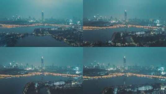 南京玄武湖与紫峰大厦夜景航拍延时高清在线视频素材下载