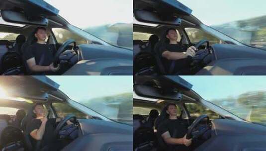 中年男子开车行驶在高速公路高清在线视频素材下载