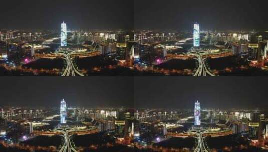 航拍河南郑州会展中心千玺广场夜景高清在线视频素材下载