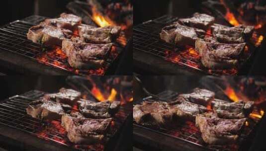 美味的粉红色骨头肉片在烤架上油炸高清在线视频素材下载
