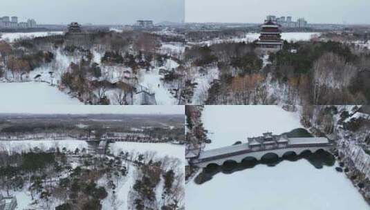 航拍戴河生态园雪景高清在线视频素材下载