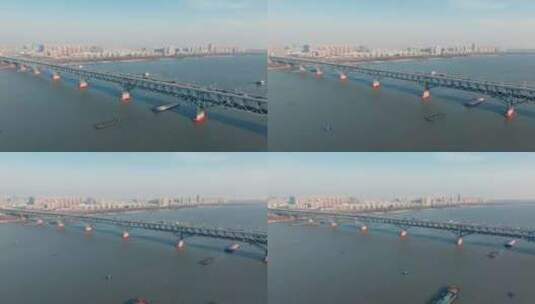 航拍火车经过南京长江大桥高清在线视频素材下载
