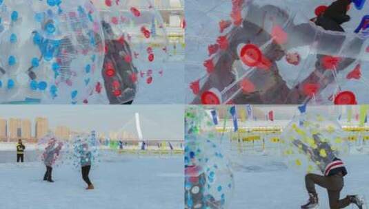 冰雪游乐撞球相扑游戏欢乐游人高清在线视频素材下载