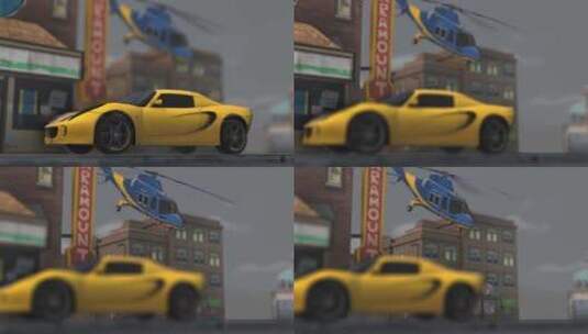 城市中的黄色跑车和直升机3D动画高清在线视频素材下载
