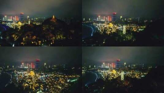 广西柳州盘龙双塔夜景航拍高清在线视频素材下载
