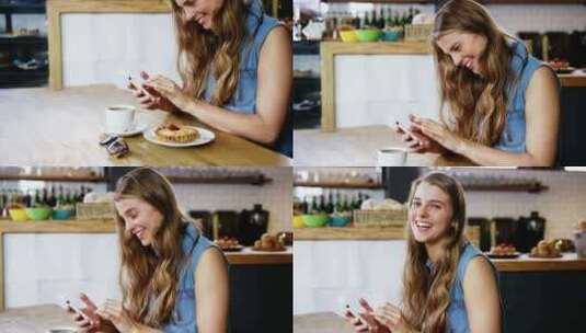 自助餐厅使用手机的妇女高清在线视频素材下载