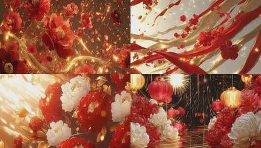 春节花卉灯笼烟花场景高清在线视频素材下载