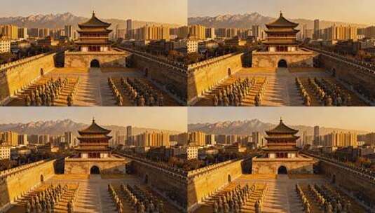 西安古城墙前的兵马俑阵列高清在线视频素材下载