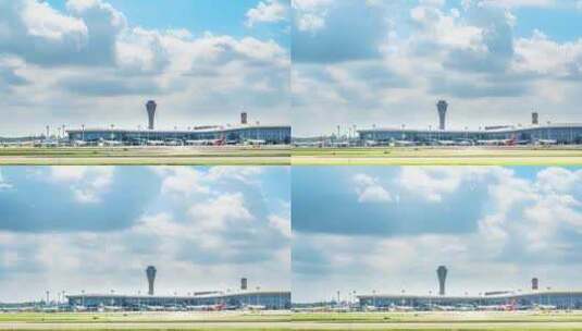海南海口美兰国际机场蓝天白云下的客机延时高清在线视频素材下载