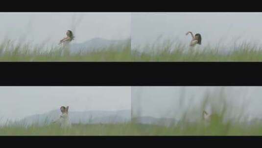 舞者白衣女孩在空旷草原绿洲上跳舞高清在线视频素材下载