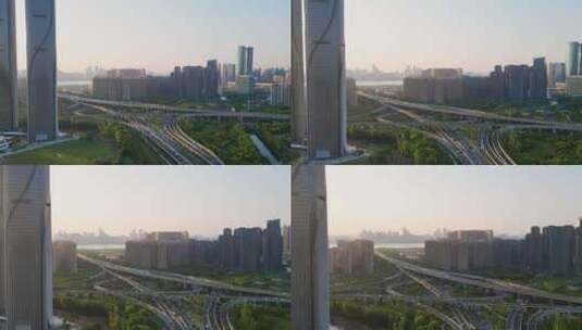 航拍杭州西兴大桥与机场高架立交桥车流延时高清在线视频素材下载
